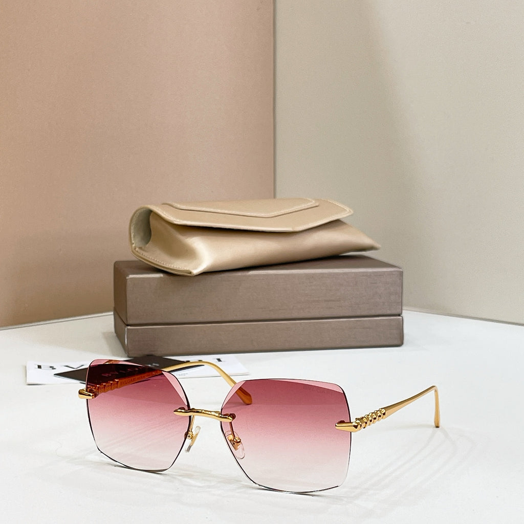 Bvlgari pink-tinted square sunglasses with gold-tone metal frame and thin temples