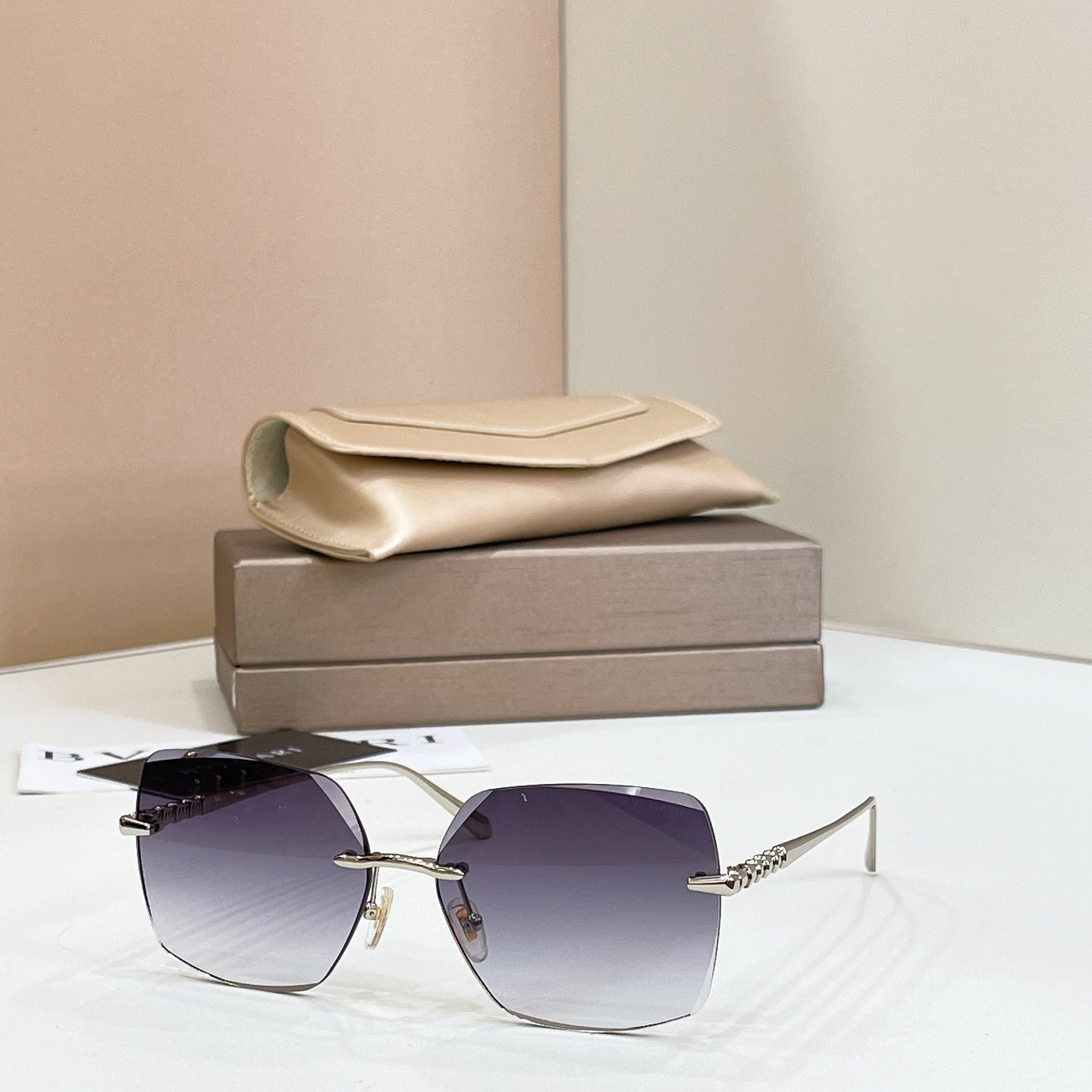 Bvlgari purple-tinted square sunglasses with gold-tone metal frame and thin temples