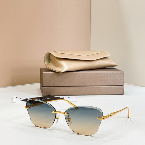 Gold-tone sunglasses with blue mirrored lenses and thin rectangular frames