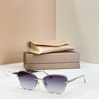 Gold-tone sunglasses with purple tinted lenses and thin rectangular frames