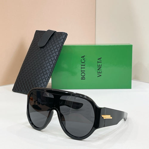 Sunglasses with black frames and dark lenses, plus black textured case