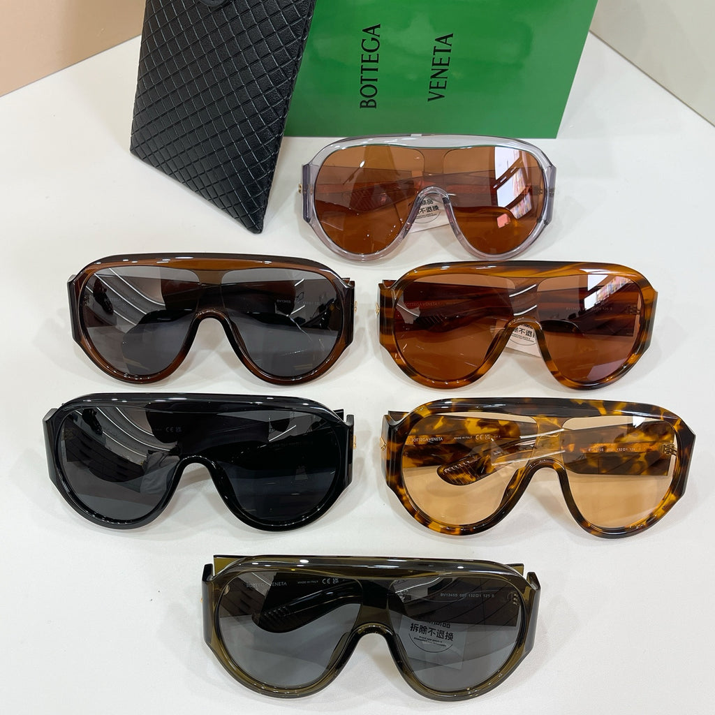 Assorted sunglasses set in brown, black, and tortoiseshell tones with black case