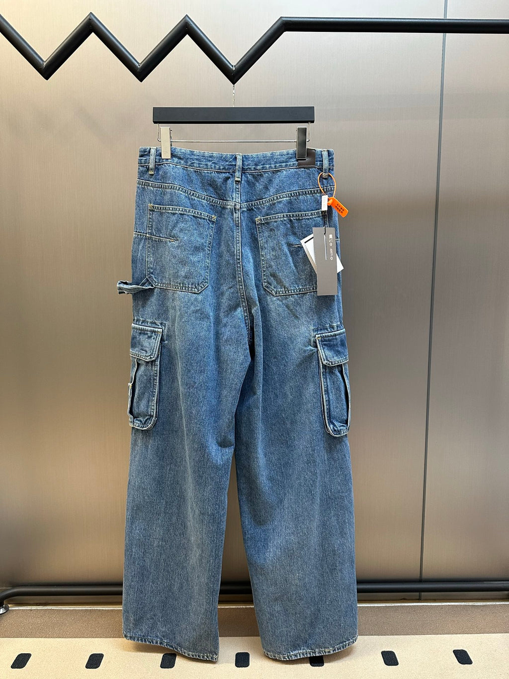 Dior pants, light blue denim wide-leg with flap cargo pockets and belt loops
