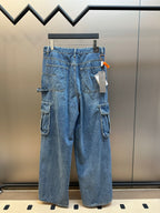 Dior pants, light blue denim wide-leg with flap cargo pockets and belt loops