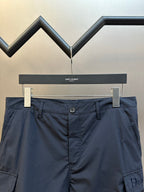 Navy cargo shorts with button waistband and side cargo pocket detail