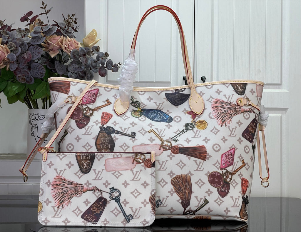 Louis Vuitton tote bag with multicolor logo print and brown leather handles