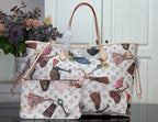 Louis Vuitton tote bag with multicolor logo print and brown leather handles