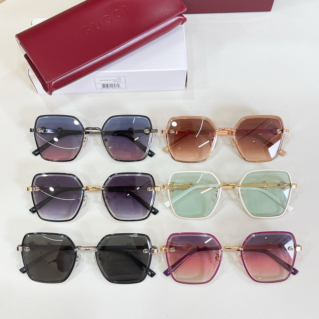 Gucci square sunglasses set with mixed frames and tinted lenses, including black, pink, and mint.