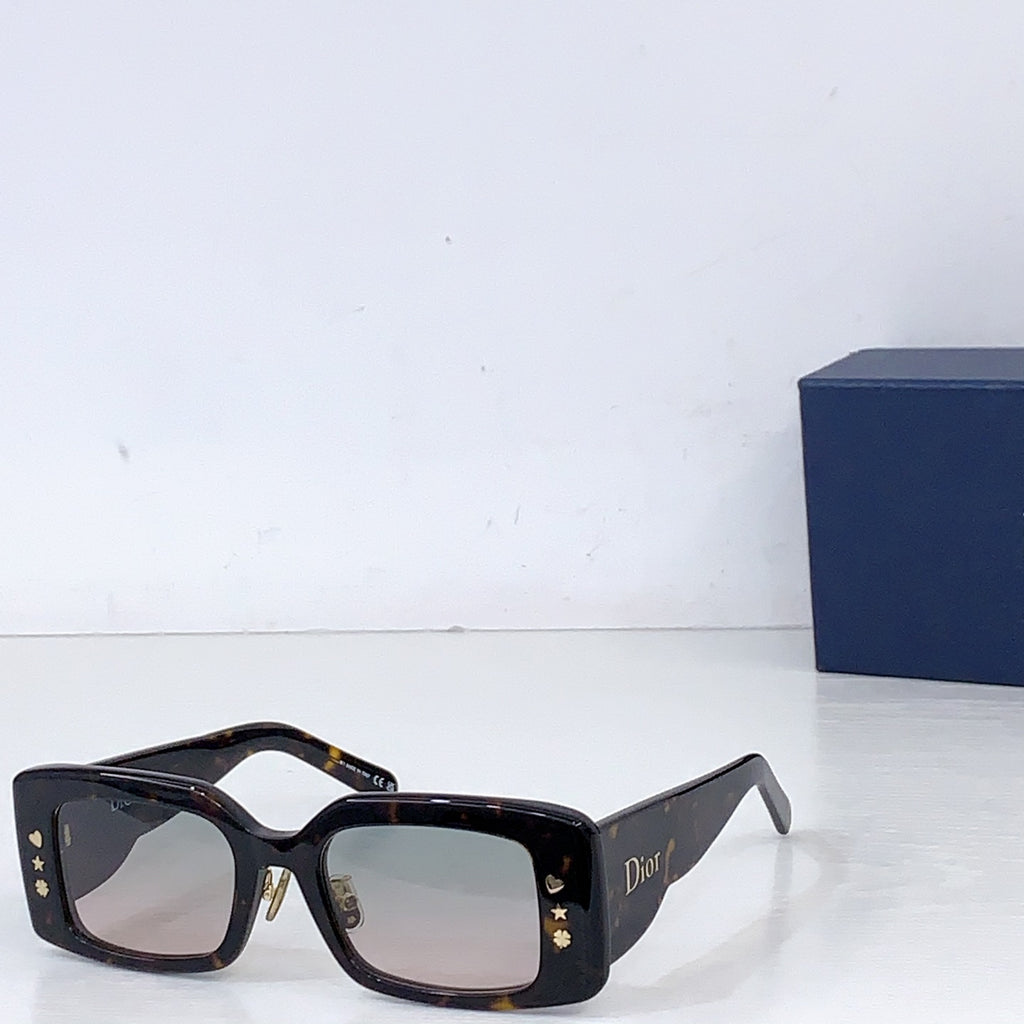 Dior square sunglasses with tortoiseshell frame and green-tinted lenses