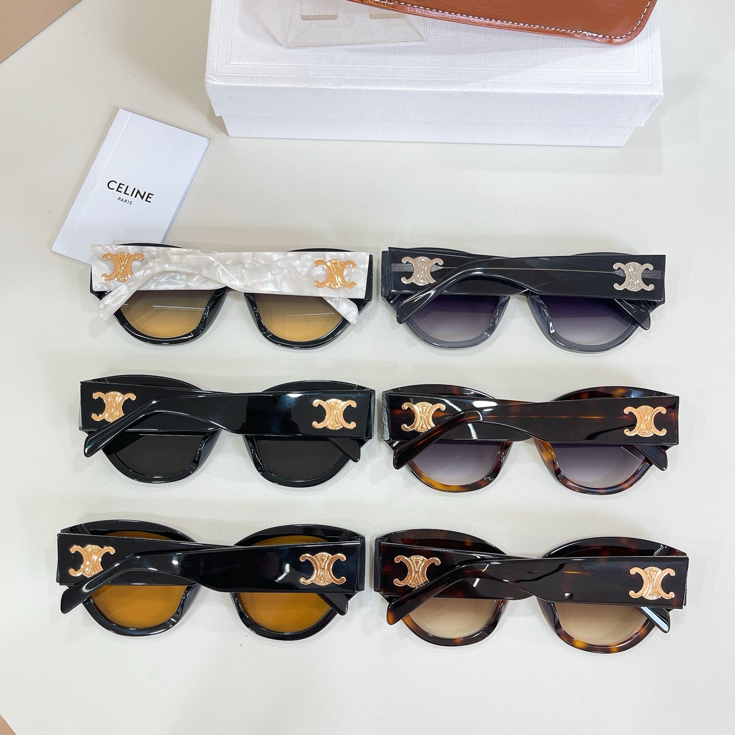 Set of six Celine sunglasses with gold logos and mixed dark frames