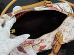 Louis Vuitton monogram handbag interior with zipper opening and leather handle trim