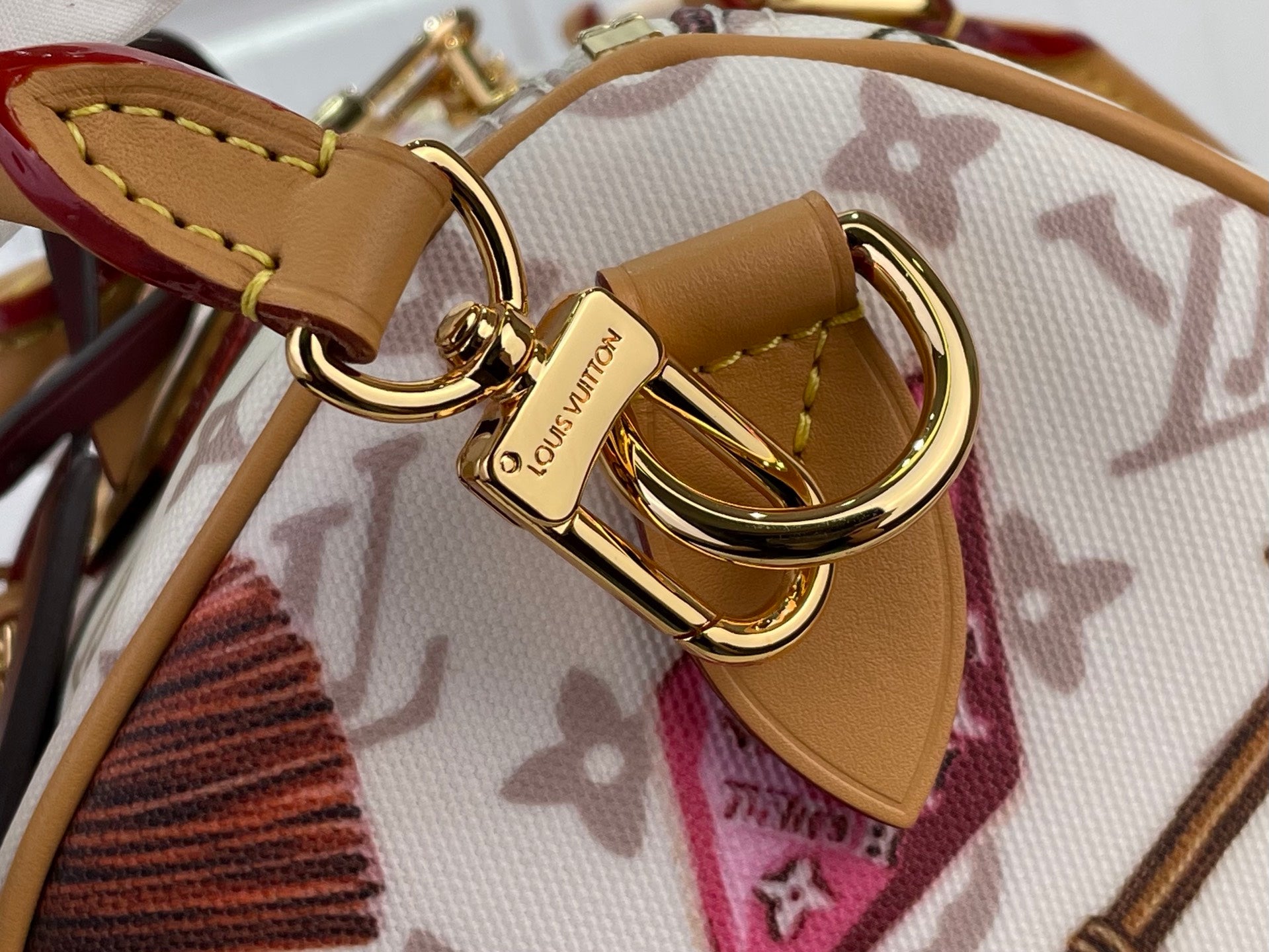 Louis Vuitton monogram handbag strap hardware with gold buckle and tan leather tab