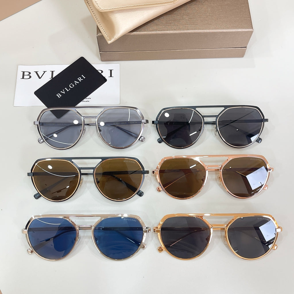 Bvlgari sunglasses set, mixed frames with blue, brown, and black lenses
