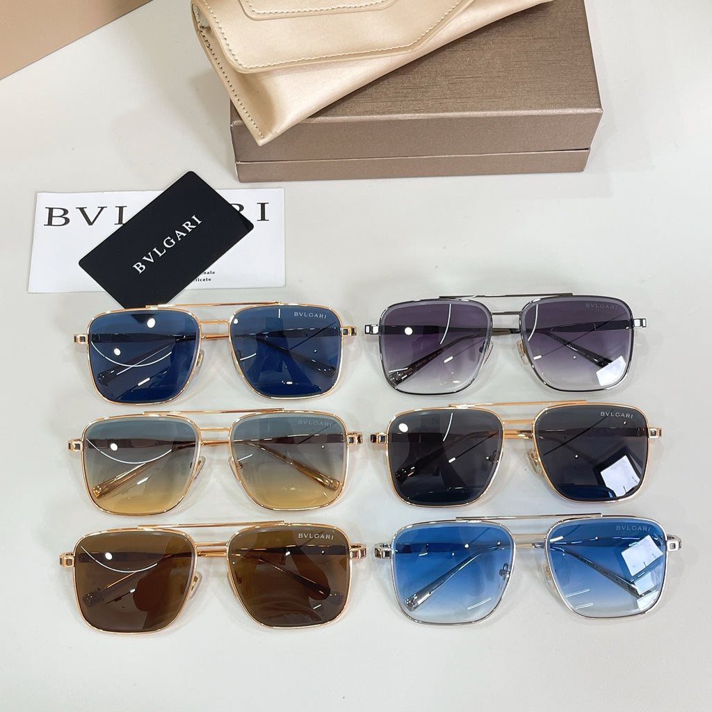 Bvlgari square sunglasses assortment with colorful gradient lenses and gold frames