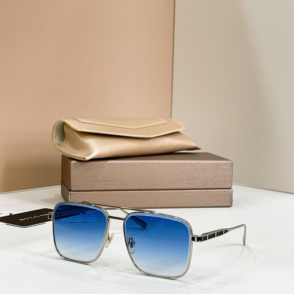 Bvlgari square sunglasses with silver-tone frame and blue gradient lenses