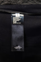 Black short-sleeve T-shirt with size and care label inside hem
