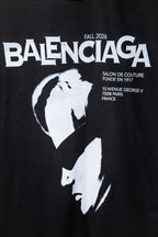 Black T-shirt with BALENCIAGA text and white portrait graphic