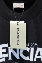 Black T-shirt graphic with Fall 2026, white Balenciaga hang tag