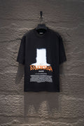 Black short-sleeve T-shirt with large front graphic print