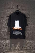 Black short-sleeve T-shirt with large front graphic print