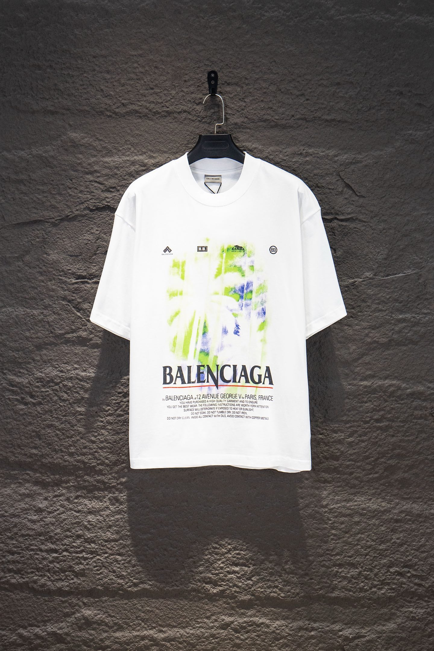 Balenciaga white crewneck T-shirt with multicolor graphic and BALENCIAGA text