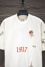 Balenciaga short-sleeve T-shirt, white, close-up front with 1917 text and rose graphic