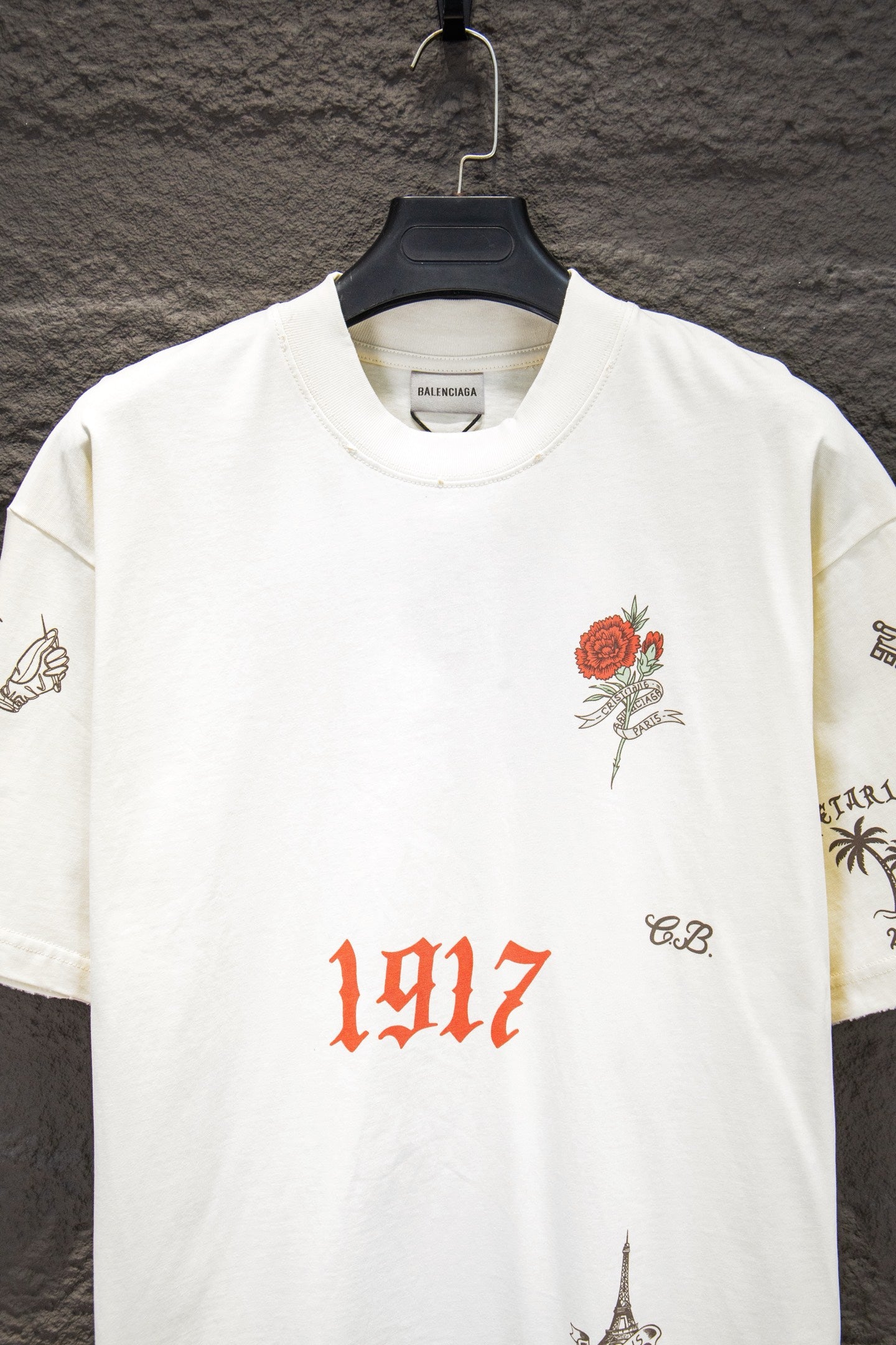 Balenciaga short-sleeve T-shirt, white, close-up front with 1917 text and rose graphic