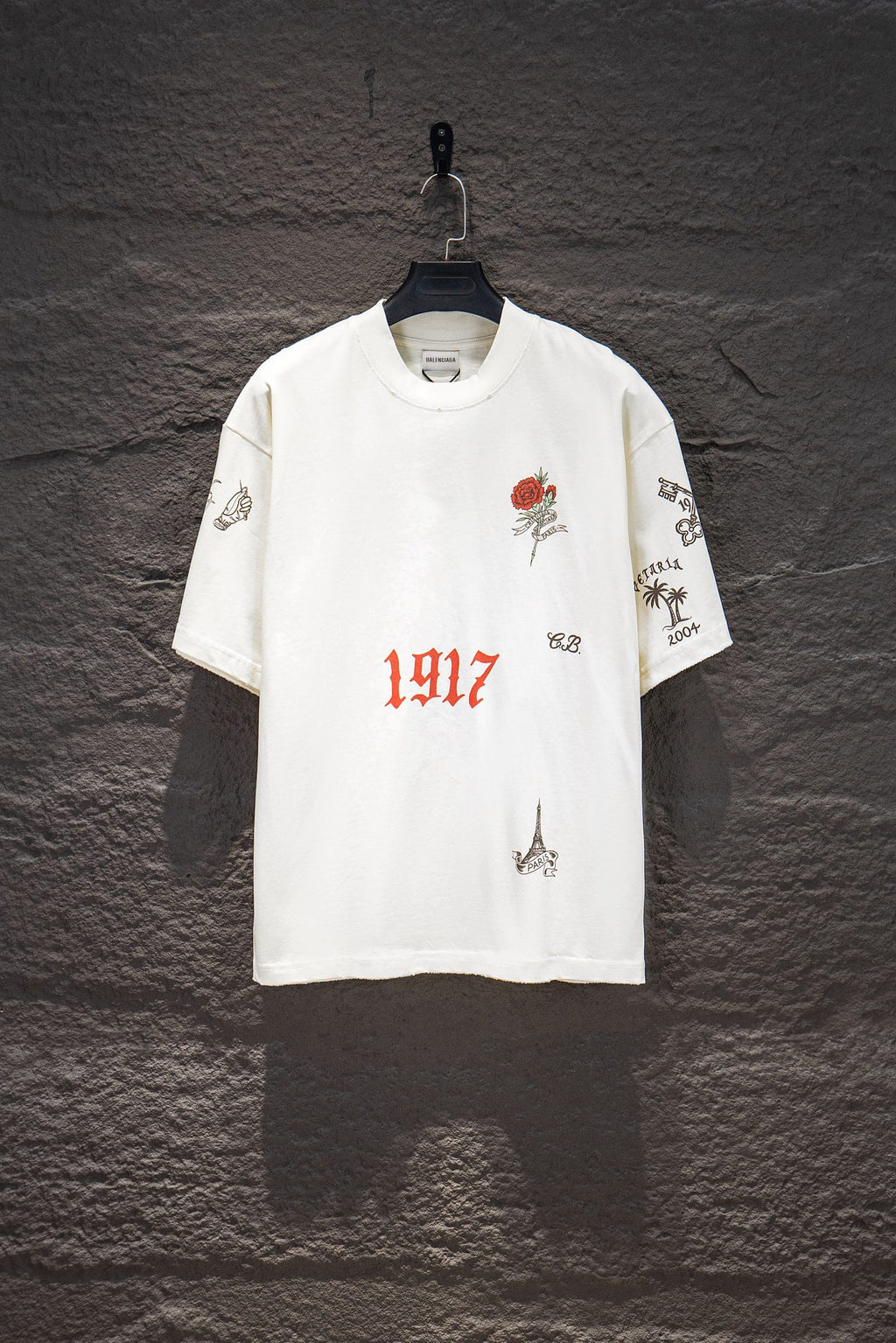 Balenciaga short-sleeve T-shirt, white, front graphic with 1917 and rose accents