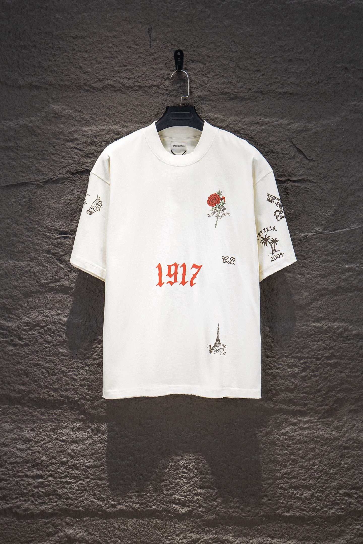 Balenciaga short-sleeve T-shirt, white, front graphic with 1917 and rose accents