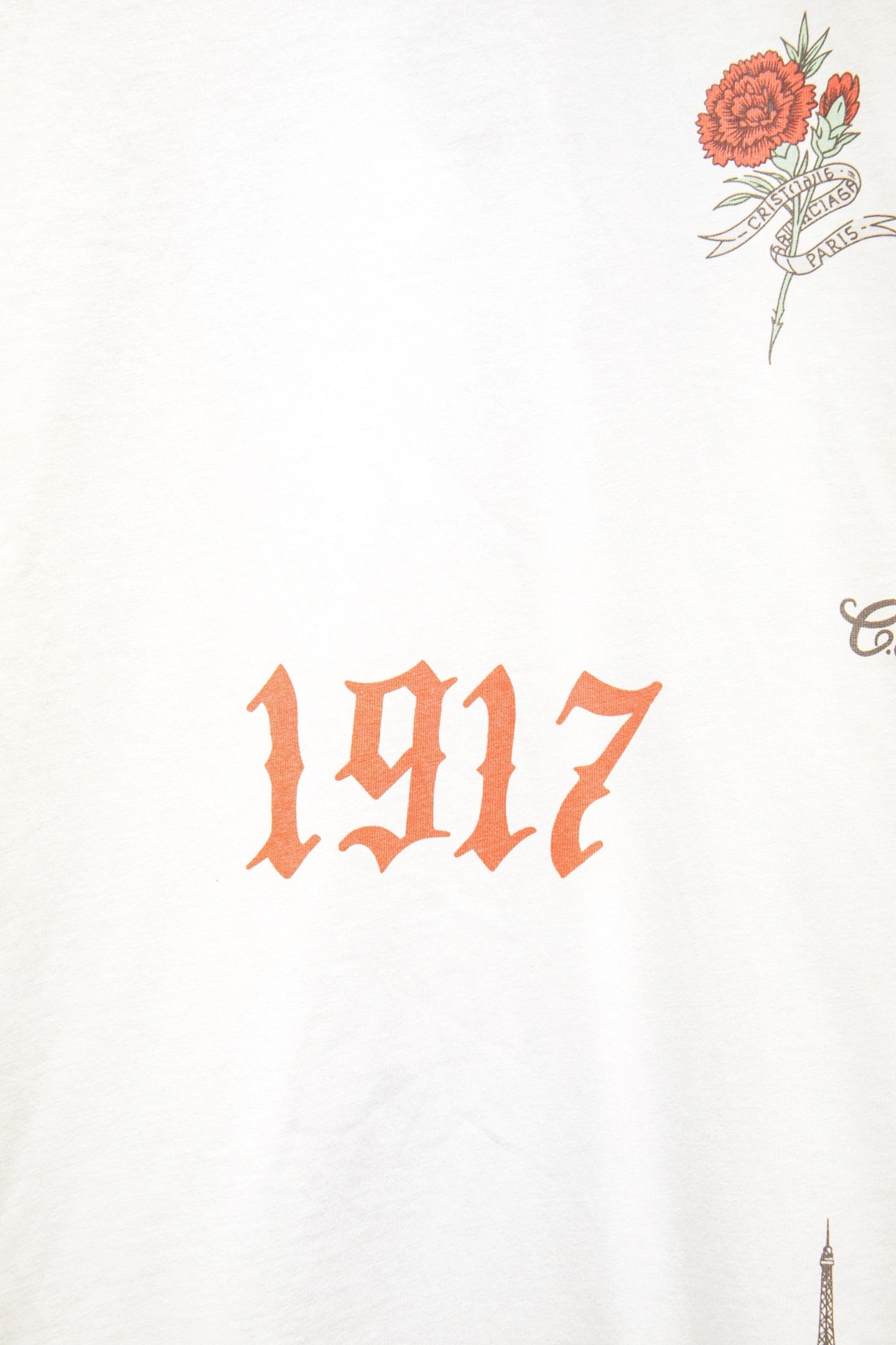 Balenciaga short-sleeve T-shirt, white, close-up of 1917 print and rose artwork