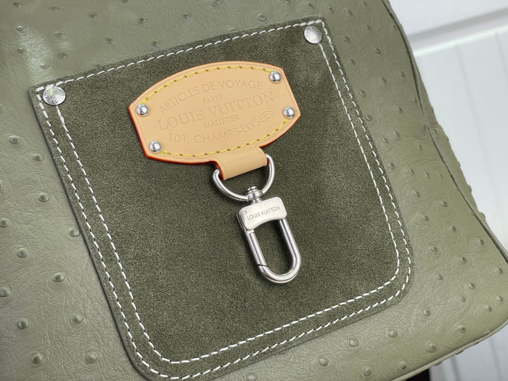 Louis Vuitton olive green front accessory pouch with leather patch and key clip