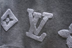 Gray sweat shorts fabric with large embroidered LV monogram motifs