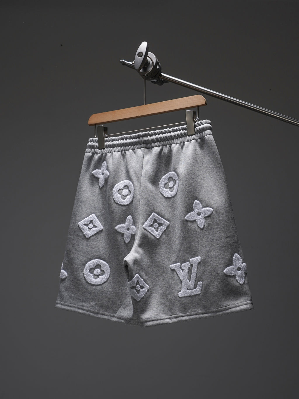 Gray monogram sweat shorts on hanger, elastic waistband and drawstring, Louis Vuitton