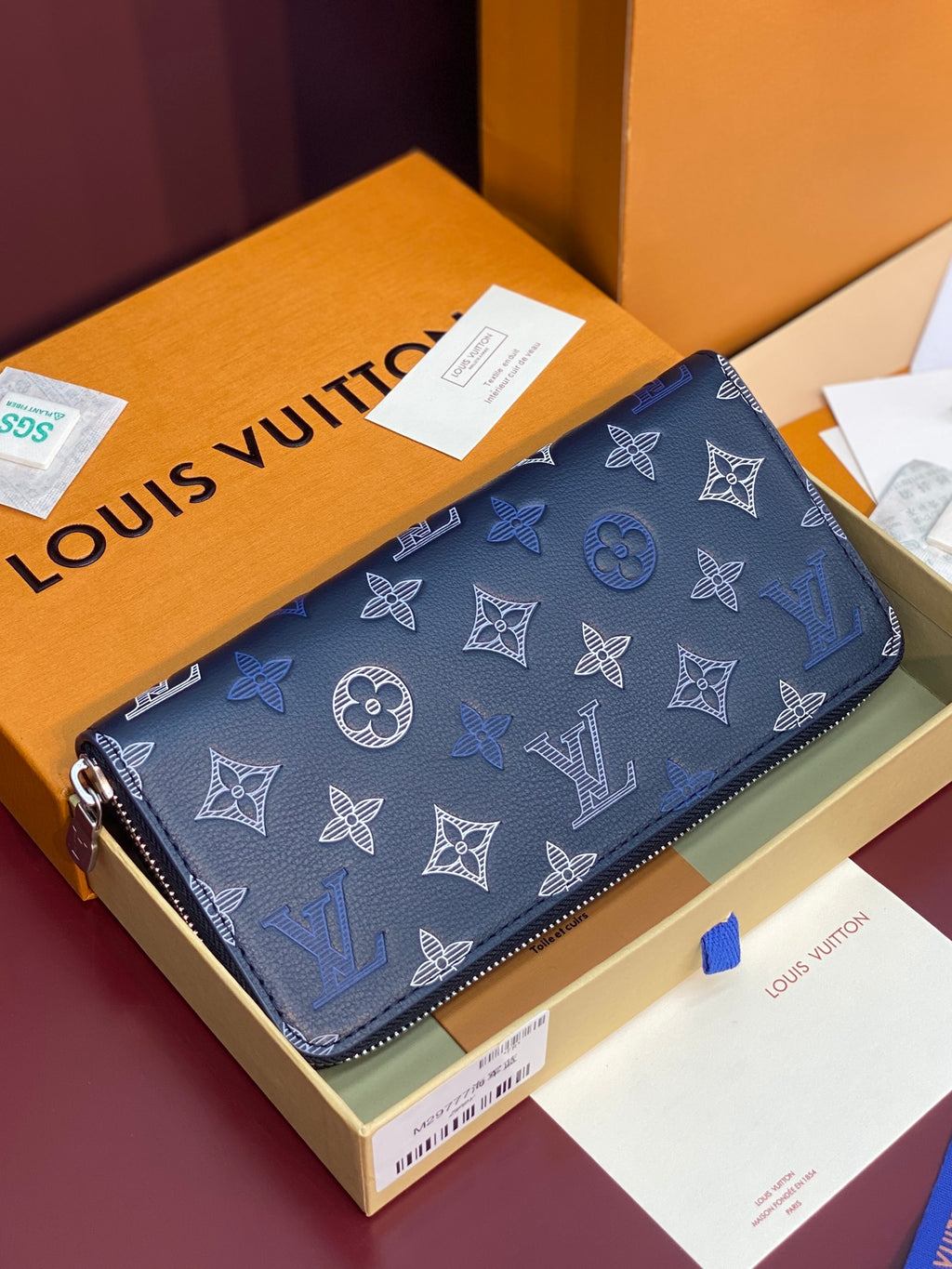 Louis Vuitton blue monogram small zip wallet on box with silver zipper hardware