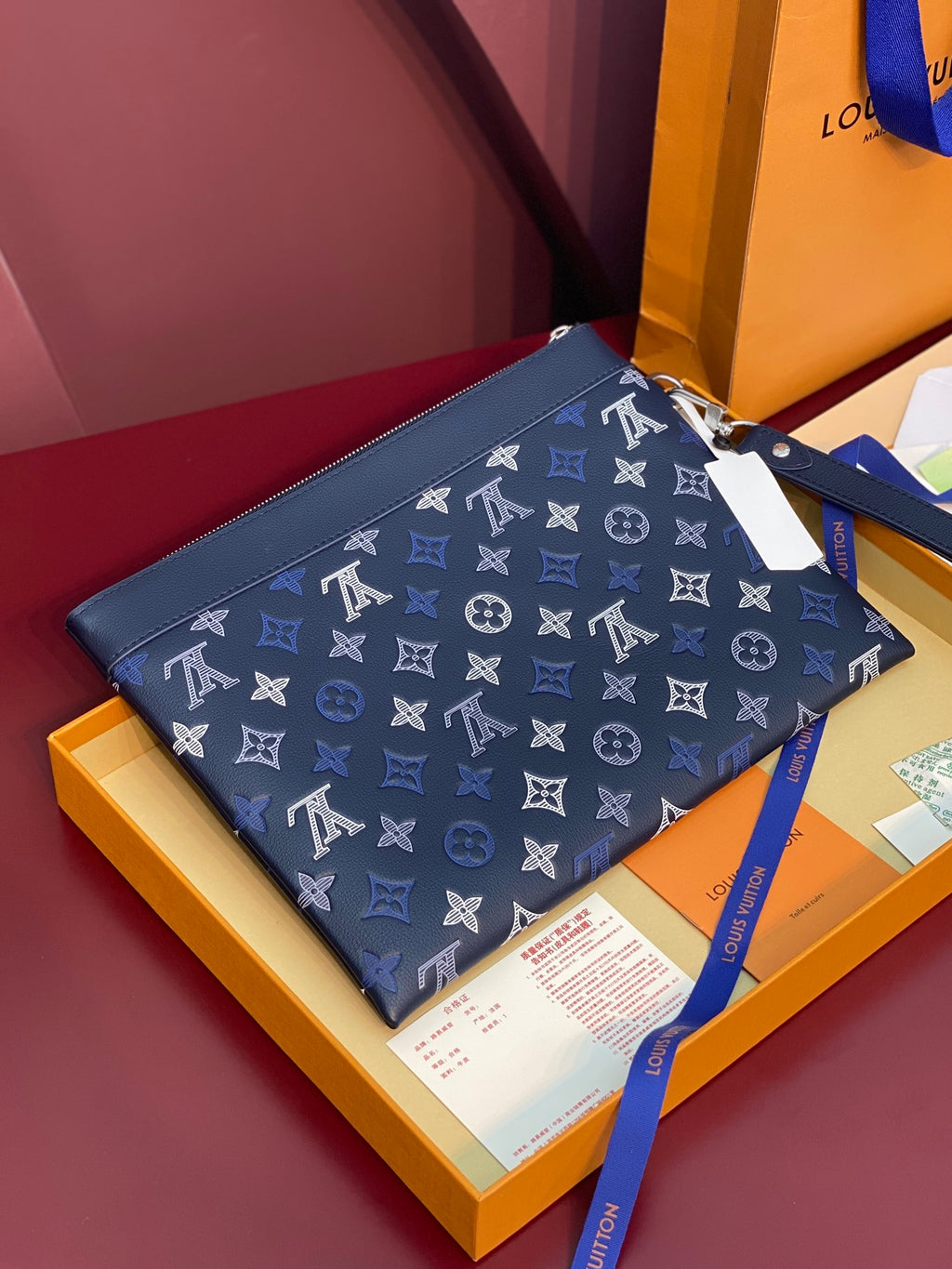Louis Vuitton navy blue monogram zip pouch with silver zipper and top strap