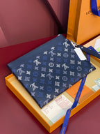 Louis Vuitton navy blue monogram zip pouch with silver zipper and top strap
