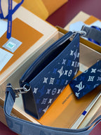 Blue monogram crossbody pouch with long strap and top zipper pocket