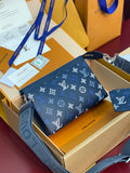 Blue monogram pouch with top zipper, adjustable crossbody strap