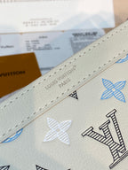 Light gray Louis Vuitton bag strap edge with stitched trim and blue monogram motifs