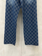 Denim check-pattern pants with straight silhouette and stitched hems, blue wash