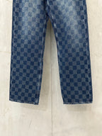 Denim check-pattern pants with straight legs and button fly, blue wash