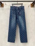 Denim check-pattern pants with button fly and front pockets, blue wash