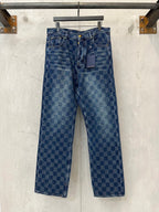 Denim check-pattern pants with button fly and front pockets, blue wash