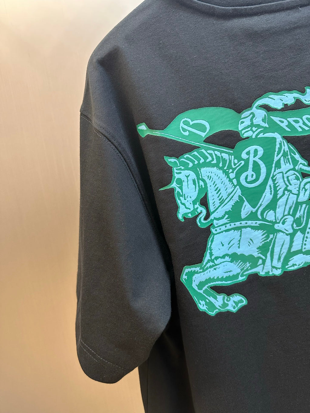 Black short-sleeve T-shirt with teal horse-and-rider graphic detail