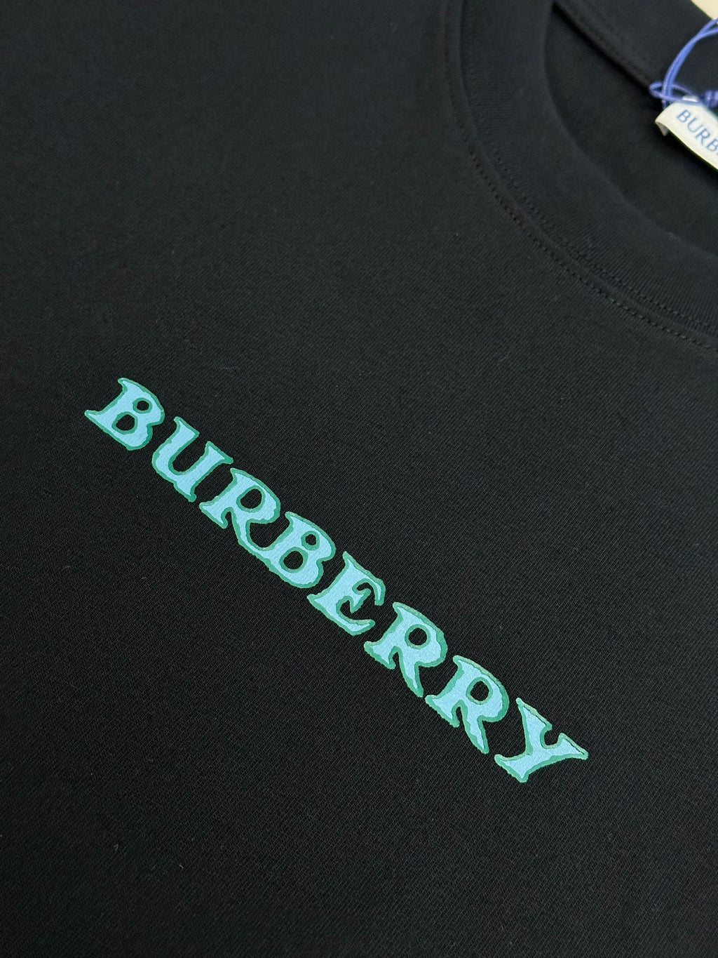 Black T-shirt with teal Burberry wordmark across the chest