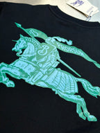 Black short-sleeve T-shirt with large teal horse-and-rider graphic on front