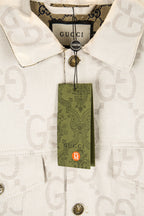 Gucci GG-print white jacket with green hang tag and gold-tone button