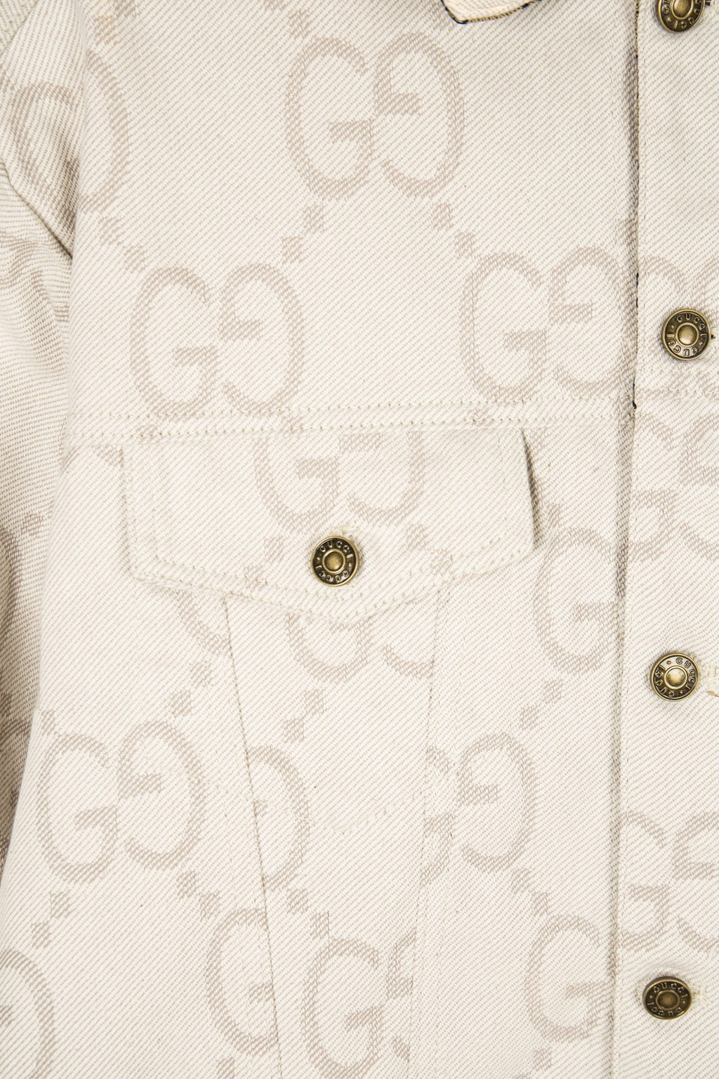 Gucci GG-print white jacket with flap chest pocket and gold-tone buttons