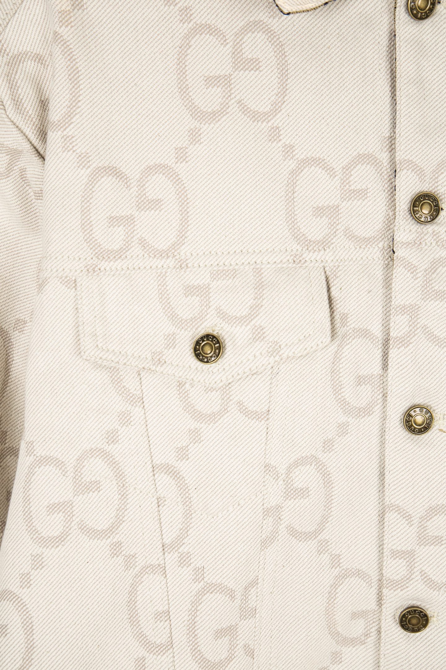 Gucci GG-print white jacket with flap chest pocket and gold-tone buttons