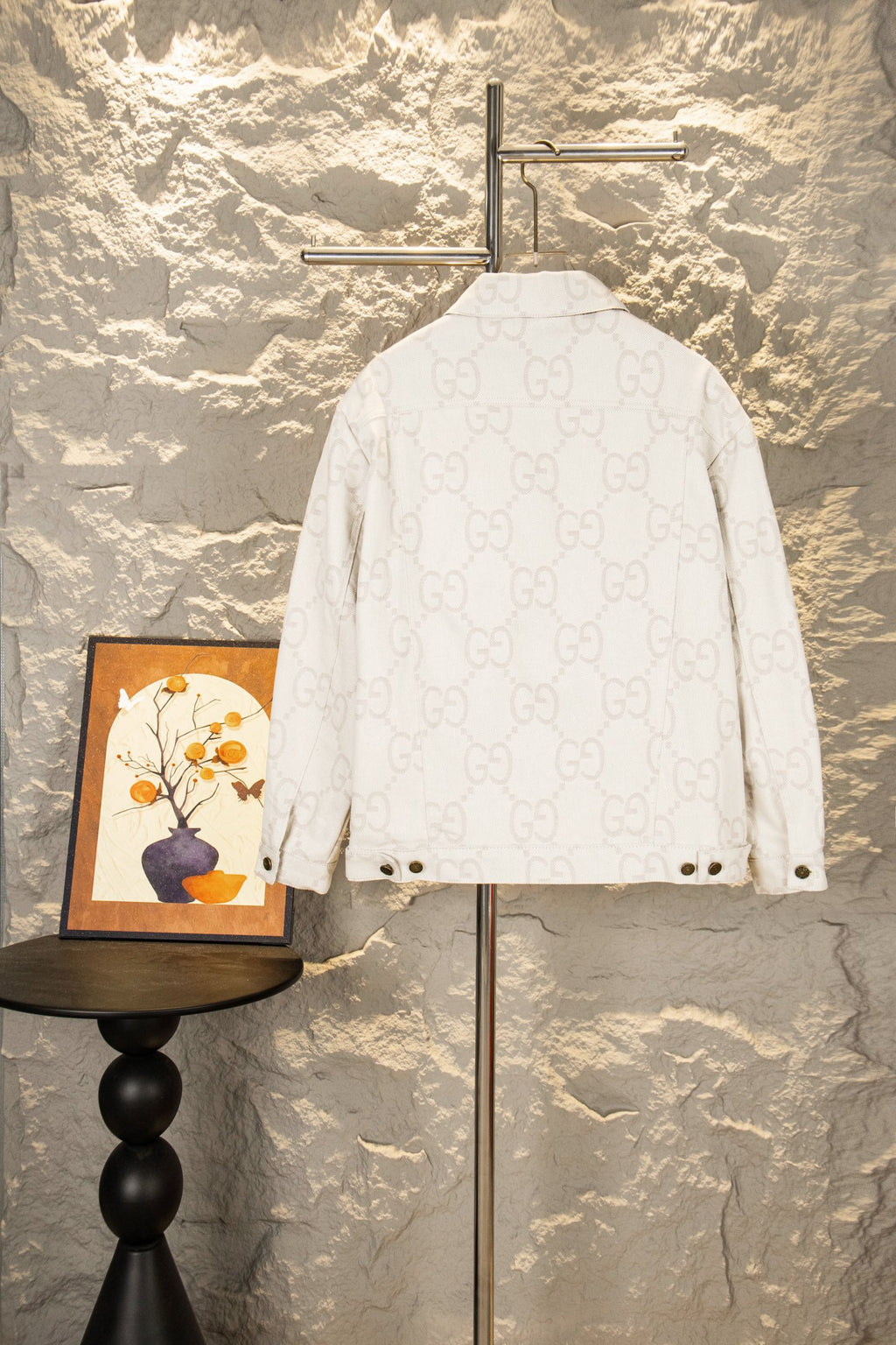 Gucci GG-print white jacket, back view with gold-tone buttons